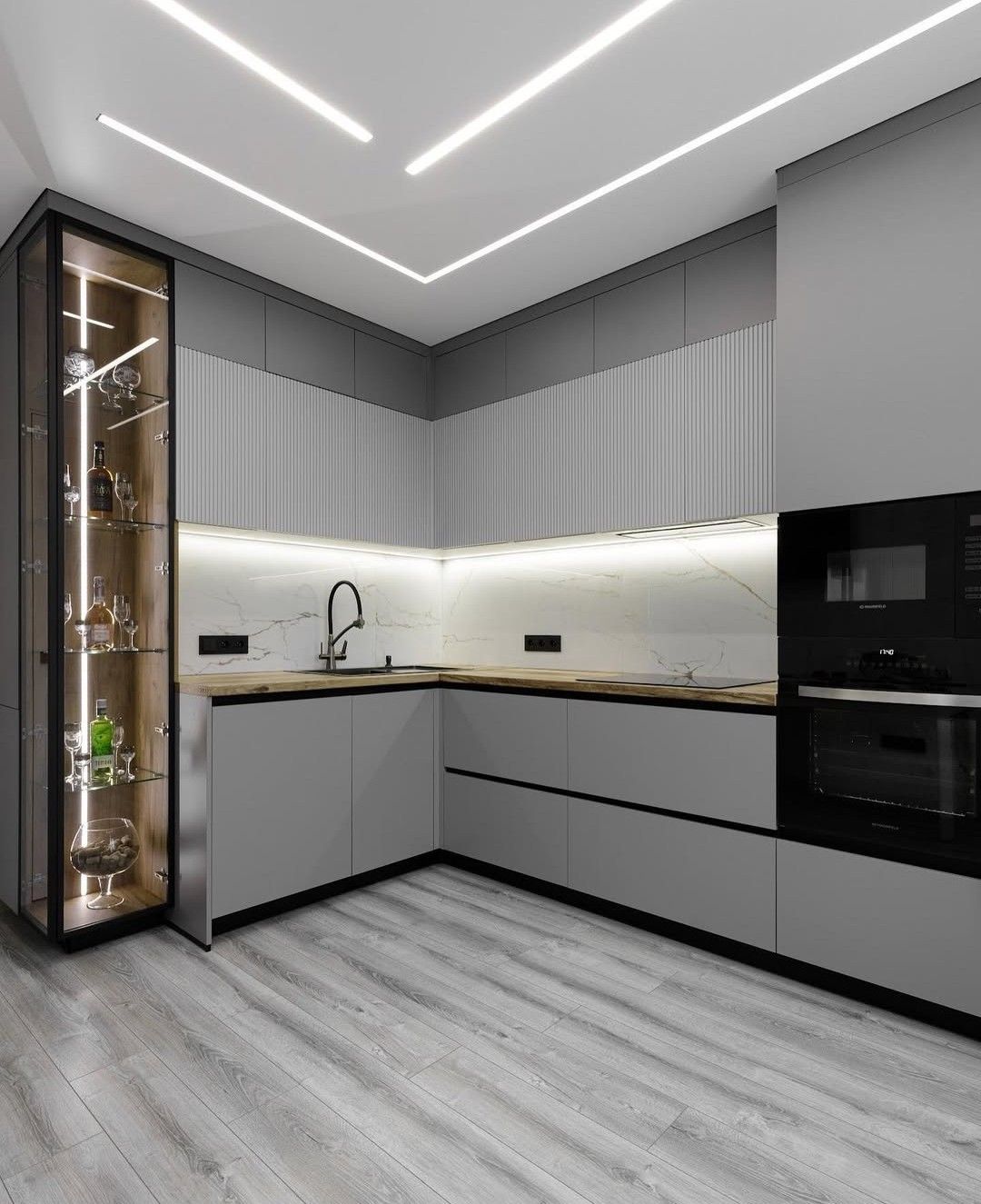 Parallel German-Hardware Kitchen with Under-Cabinet Warm LED Sensor Strip Lights #44